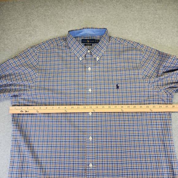 Ralph Lauren Men's XL Shirt Brown Blue Check Plaid Long Sleeve Button Stretch - Picture 4 of 5
